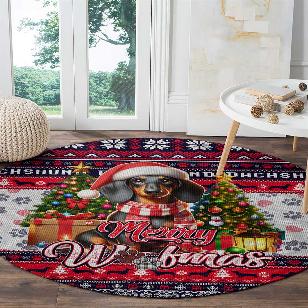 Dachshund Merry Woofmas Round Carpet Christmas Dog Art Style