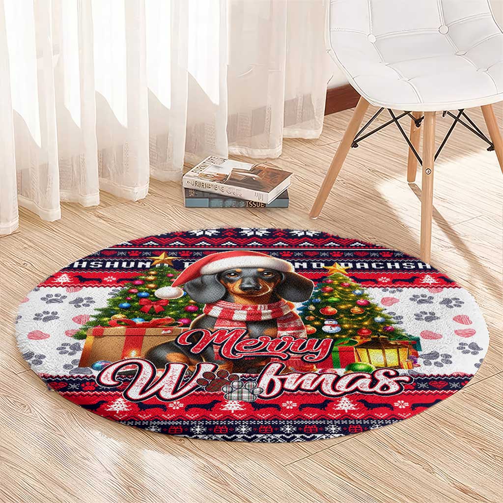 Dachshund Merry Woofmas Round Carpet Christmas Dog Art Style