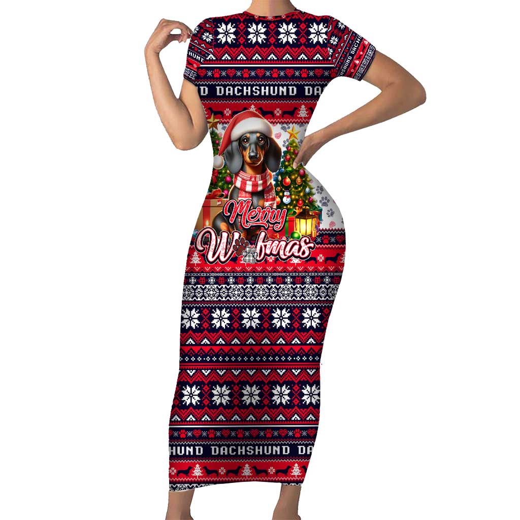 Dachshund Merry Woofmas Short Sleeve Bodycon Dress Christmas Dog Art Style - Wonder Print Shop