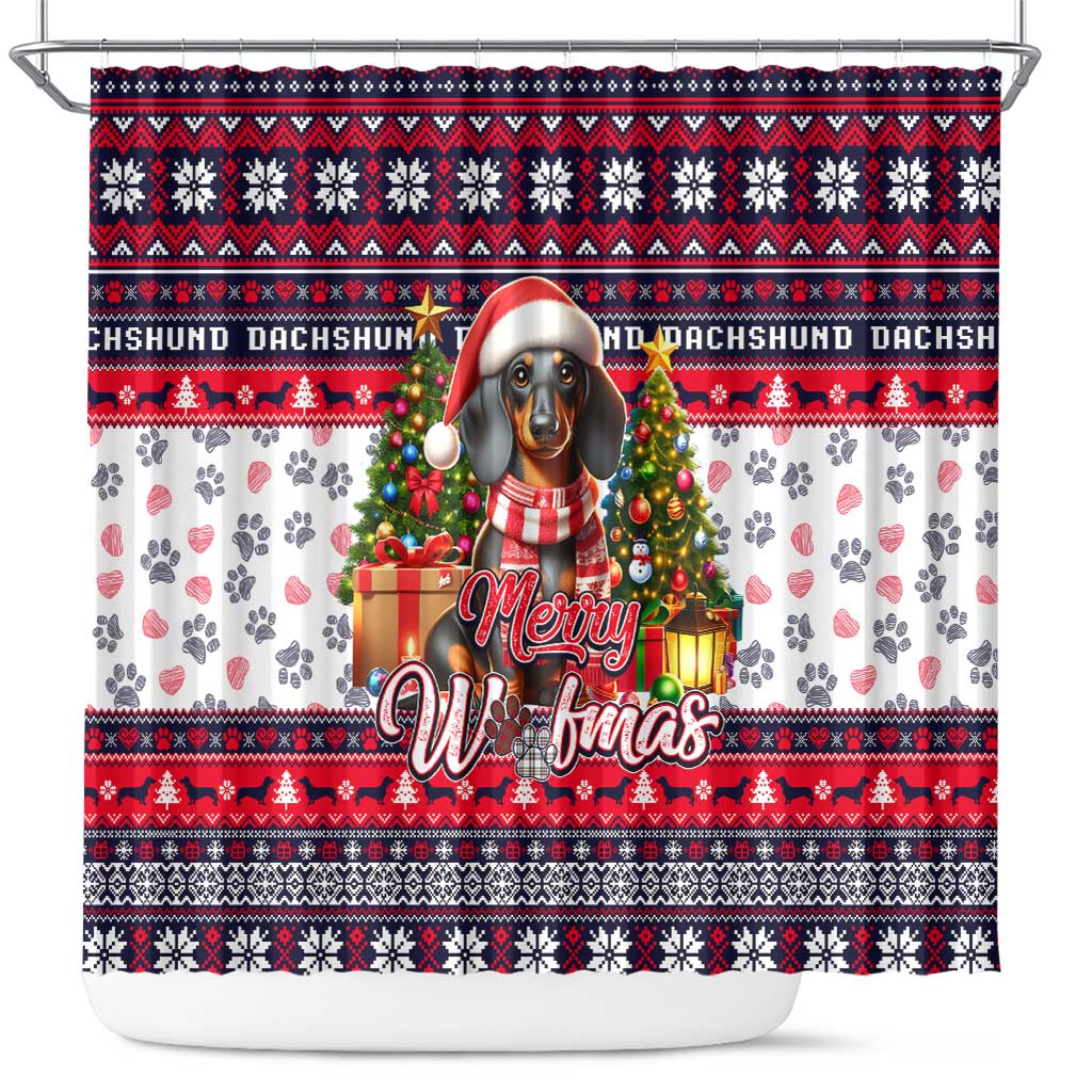 Dachshund Merry Woofmas Shower Curtain Christmas Dog Art Style