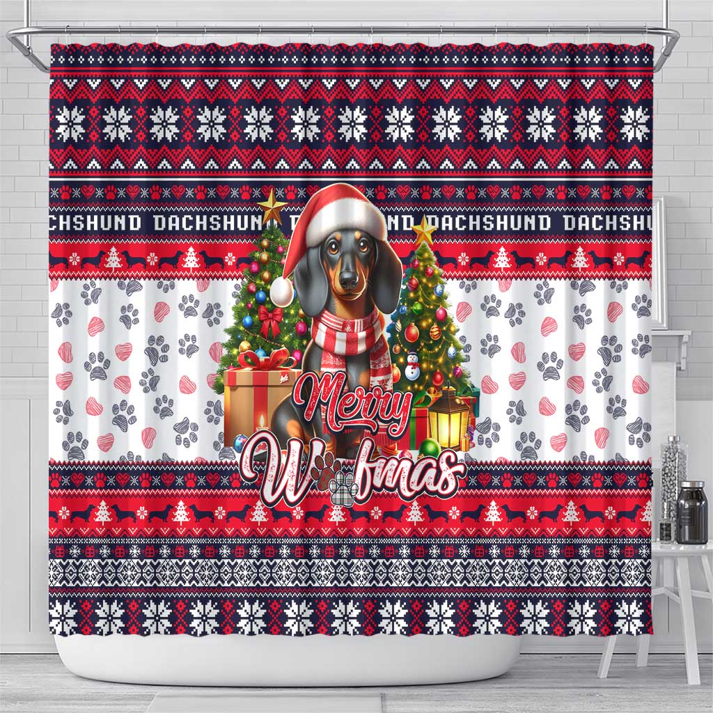 Dachshund Merry Woofmas Shower Curtain Christmas Dog Art Style