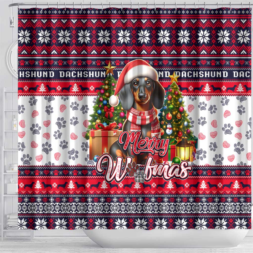 Dachshund Merry Woofmas Shower Curtain Christmas Dog Art Style