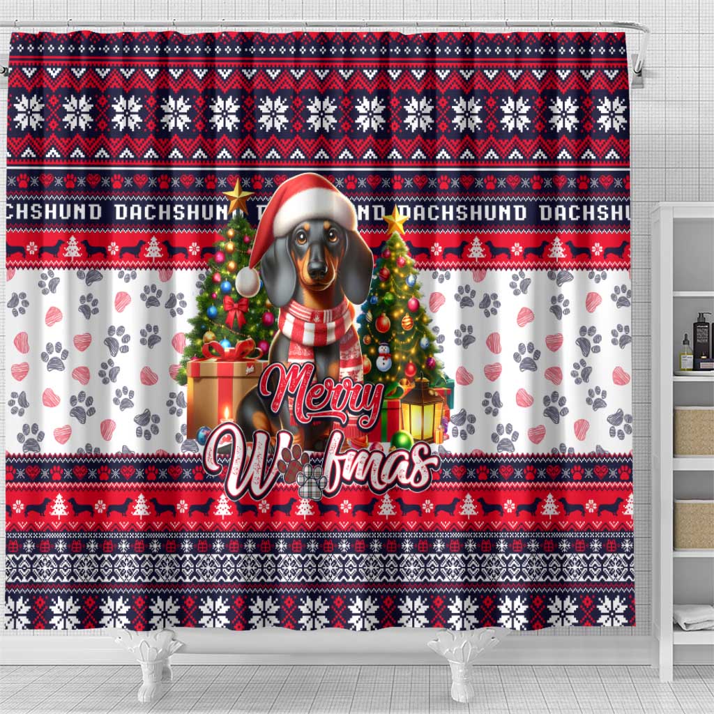 Dachshund Merry Woofmas Shower Curtain Christmas Dog Art Style