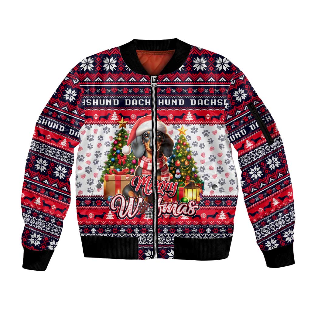 Dachshund Merry Woofmas Sleeve Zip Bomber Jacket Christmas Dog Art Style - Wonder Print Shop