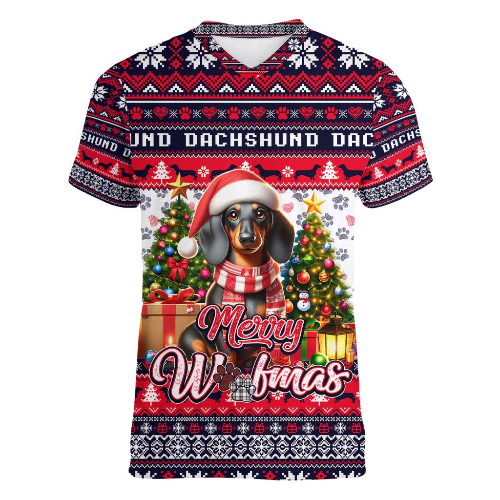Dachshund Merry Woofmas Women V-Neck T-Shirt Christmas Dog Art Style - Wonder Print Shop