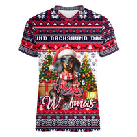 Dachshund Merry Woofmas Women V-Neck T-Shirt Christmas Dog Art Style - Wonder Print Shop