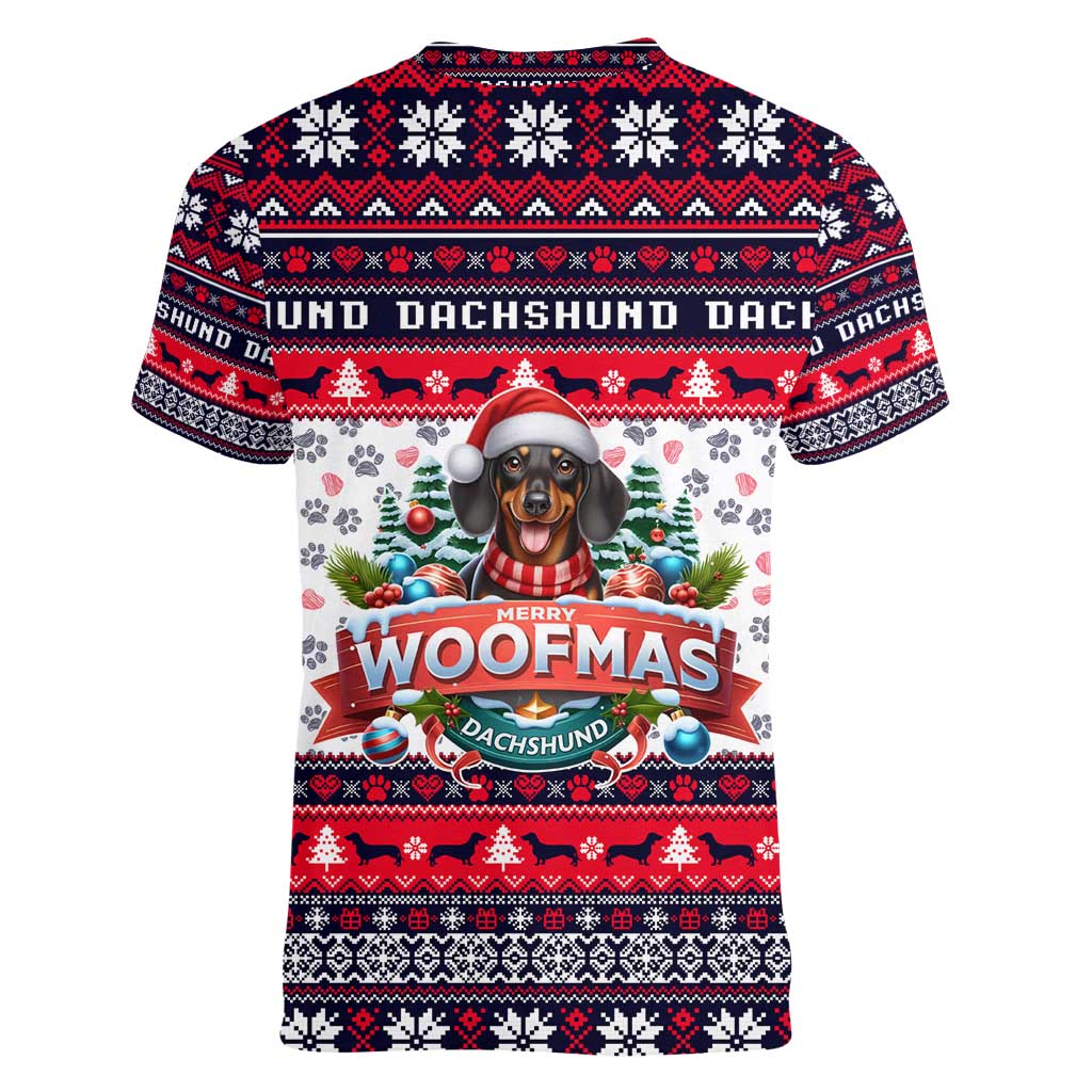 Dachshund Merry Woofmas Women V-Neck T-Shirt Christmas Dog Art Style - Wonder Print Shop