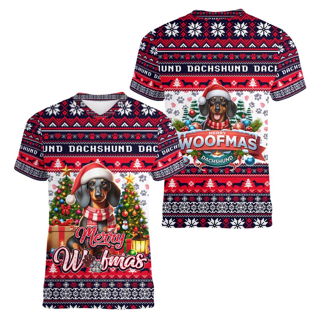 Dachshund Merry Woofmas Women V-Neck T-Shirt Christmas Dog Art Style - Wonder Print Shop