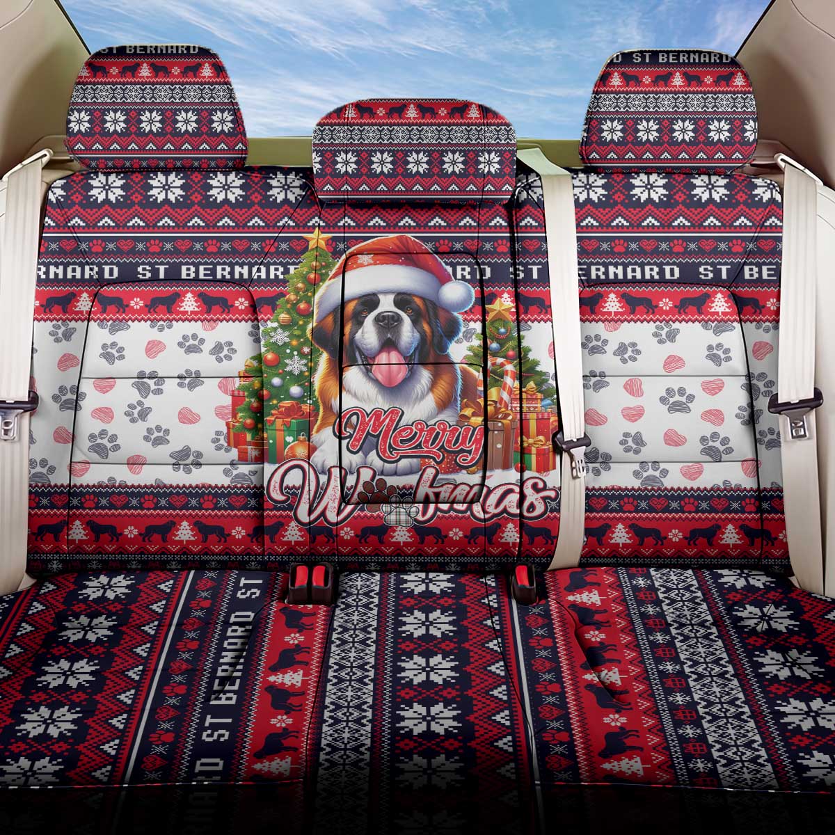 Saint Bernard Merry Woofmas Back Car Seat Cover Christmas Dog Art Style - Wonder Print Shop