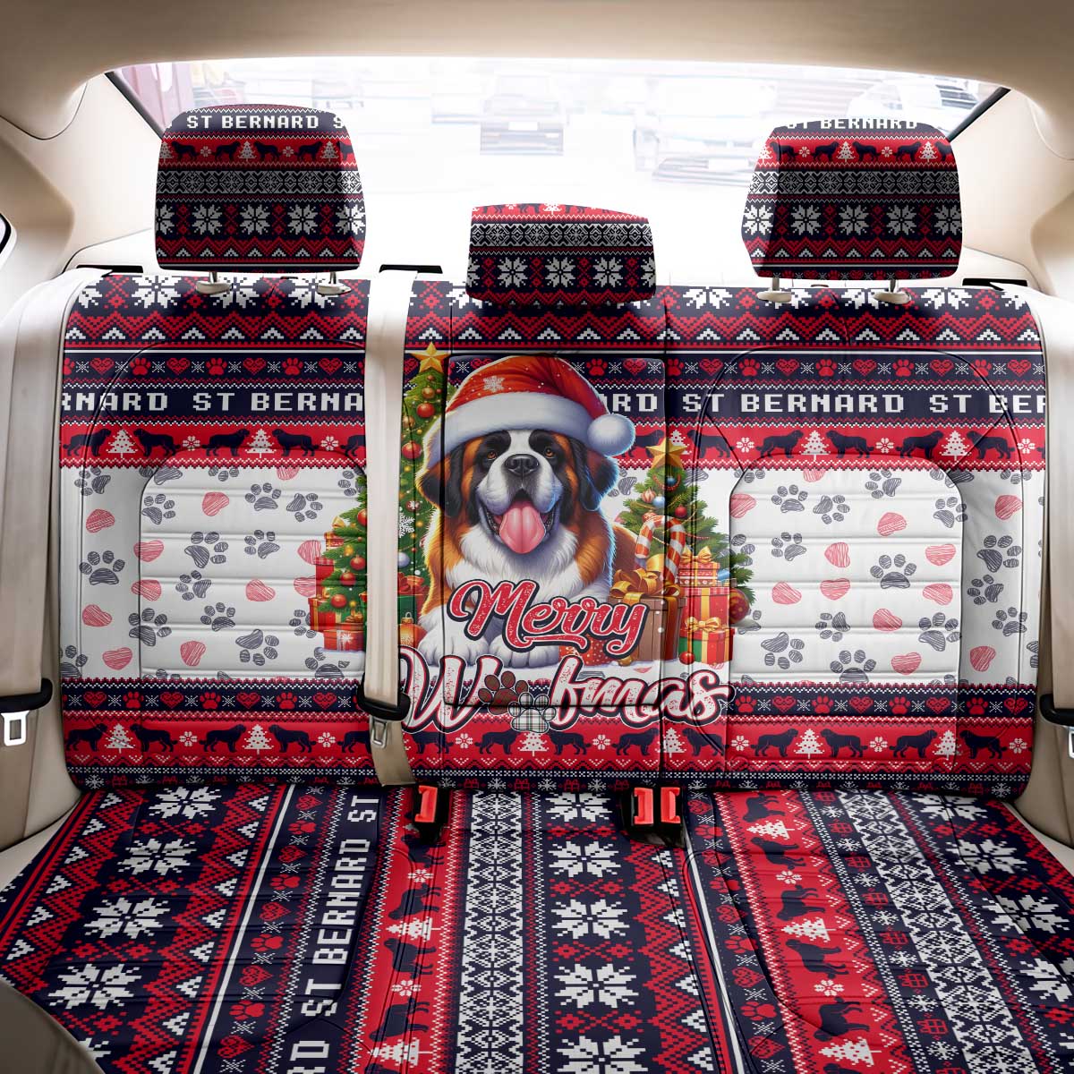 Saint Bernard Merry Woofmas Back Car Seat Cover Christmas Dog Art Style - Wonder Print Shop