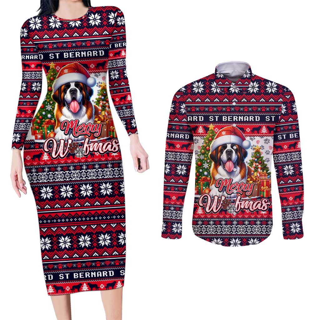 Saint Bernard Merry Woofmas Couples Matching Long Sleeve Bodycon Dress and Long Sleeve Button Shirt Christmas Dog Art Style - Wonder Print Shop