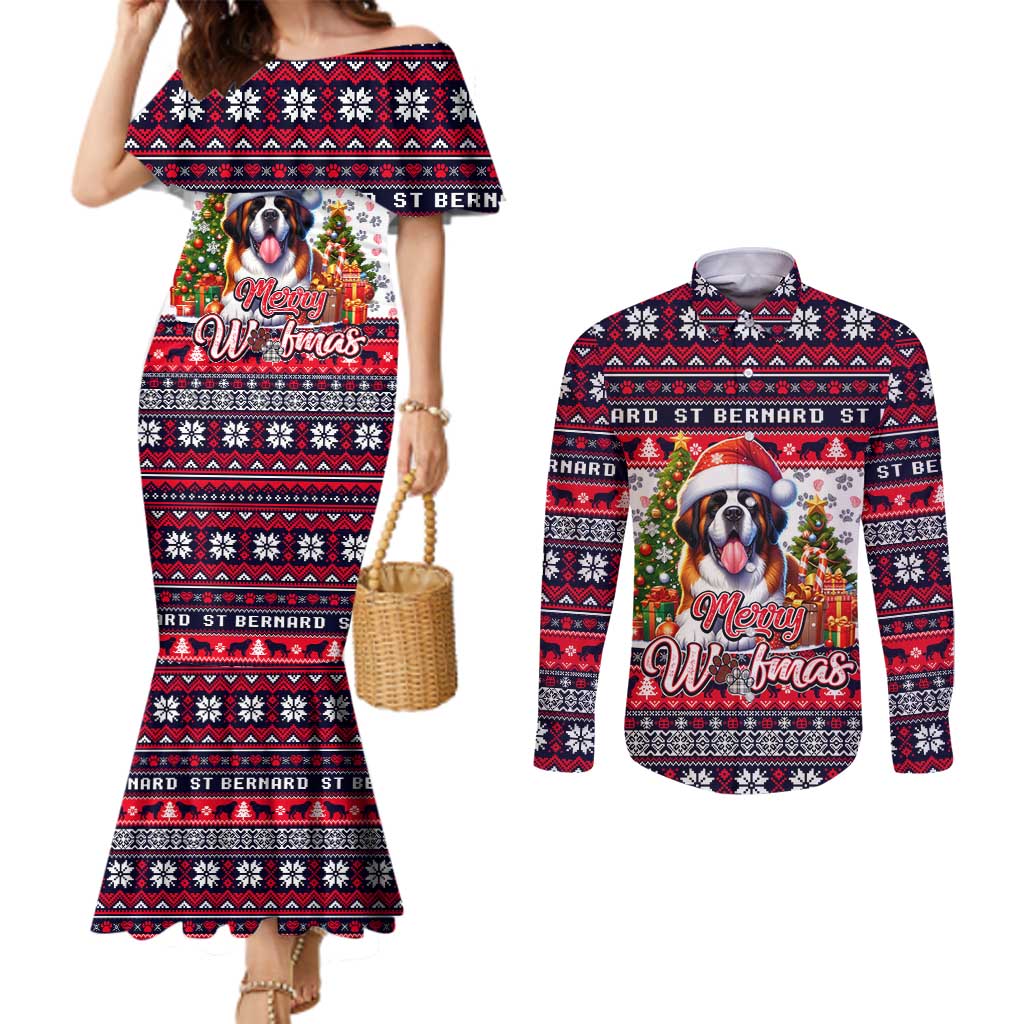 Saint Bernard Merry Woofmas Couples Matching Mermaid Dress and Long Sleeve Button Shirt Christmas Dog Art Style