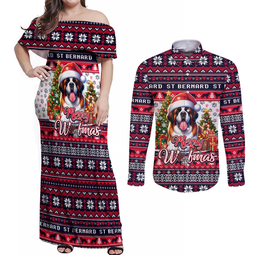 Saint Bernard Merry Woofmas Couples Matching Off Shoulder Maxi Dress and Long Sleeve Button Shirt Christmas Dog Art Style - Wonder Print Shop