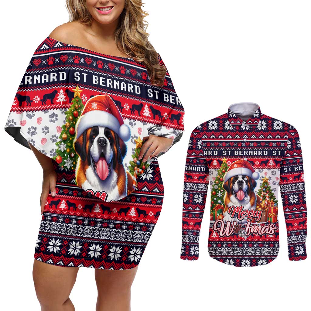 Saint Bernard Merry Woofmas Couples Matching Off Shoulder Short Dress and Long Sleeve Button Shirt Christmas Dog Art Style - Wonder Print Shop