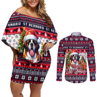 Saint Bernard Merry Woofmas Couples Matching Off Shoulder Short Dress and Long Sleeve Button Shirt Christmas Dog Art Style - Wonder Print Shop
