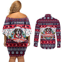 Saint Bernard Merry Woofmas Couples Matching Off Shoulder Short Dress and Long Sleeve Button Shirt Christmas Dog Art Style - Wonder Print Shop