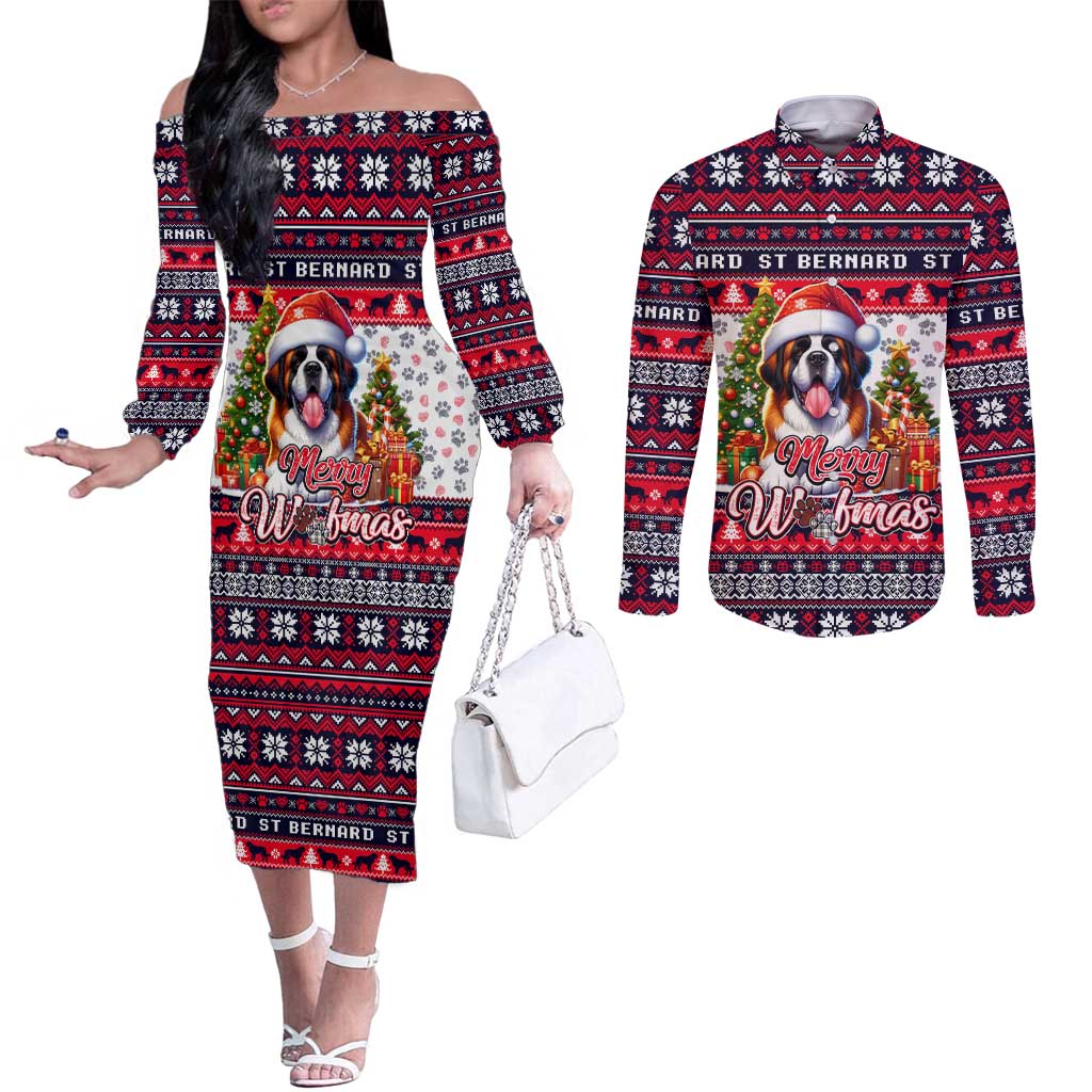 Saint Bernard Merry Woofmas Couples Matching Off The Shoulder Long Sleeve Dress and Long Sleeve Button Shirt Christmas Dog Art Style