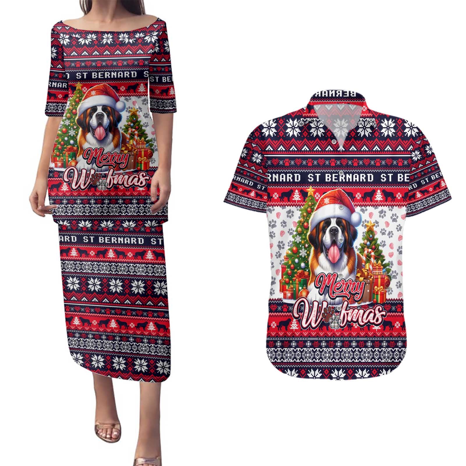 Saint Bernard Merry Woofmas Couples Matching Puletasi and Hawaiian Shirt Christmas Dog Art Style - Wonder Print Shop