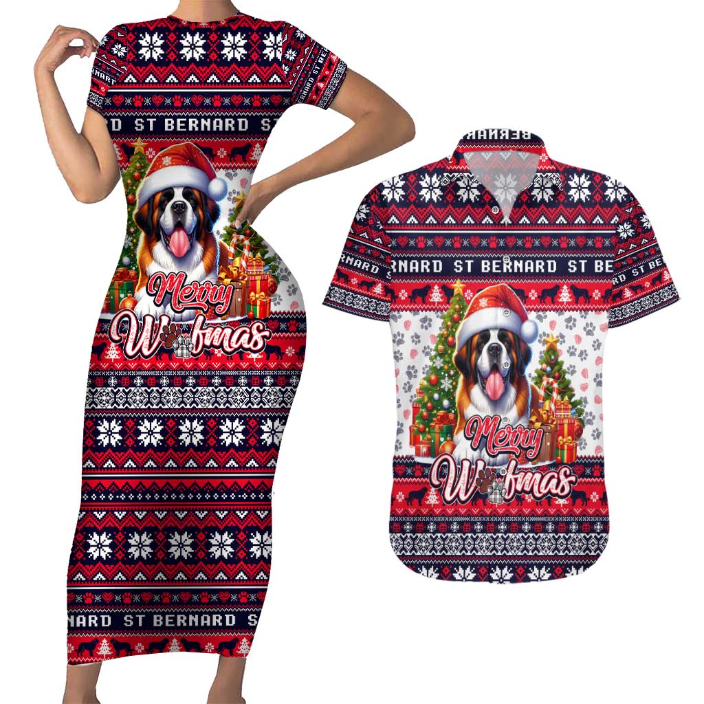 Saint Bernard Merry Woofmas Couples Matching Short Sleeve Bodycon Dress and Hawaiian Shirt Christmas Dog Art Style - Wonder Print Shop