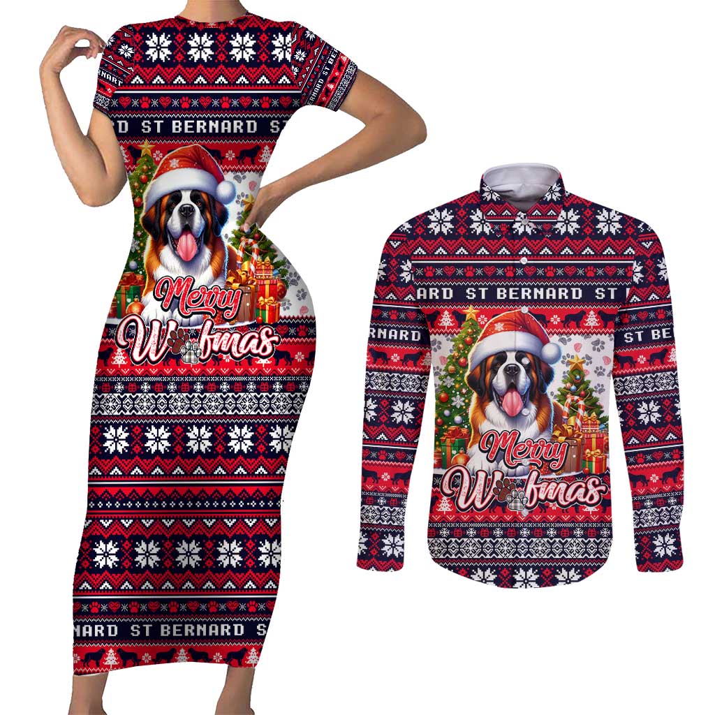 Saint Bernard Merry Woofmas Couples Matching Short Sleeve Bodycon Dress and Long Sleeve Button Shirt Christmas Dog Art Style - Wonder Print Shop