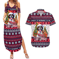 Saint Bernard Merry Woofmas Couples Matching Summer Maxi Dress and Hawaiian Shirt Christmas Dog Art Style - Wonder Print Shop
