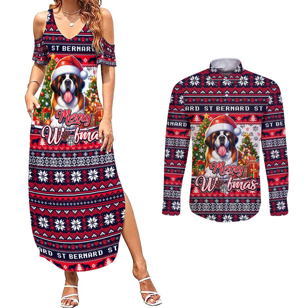 Saint Bernard Merry Woofmas Couples Matching Summer Maxi Dress and Long Sleeve Button Shirt Christmas Dog Art Style - Wonder Print Shop