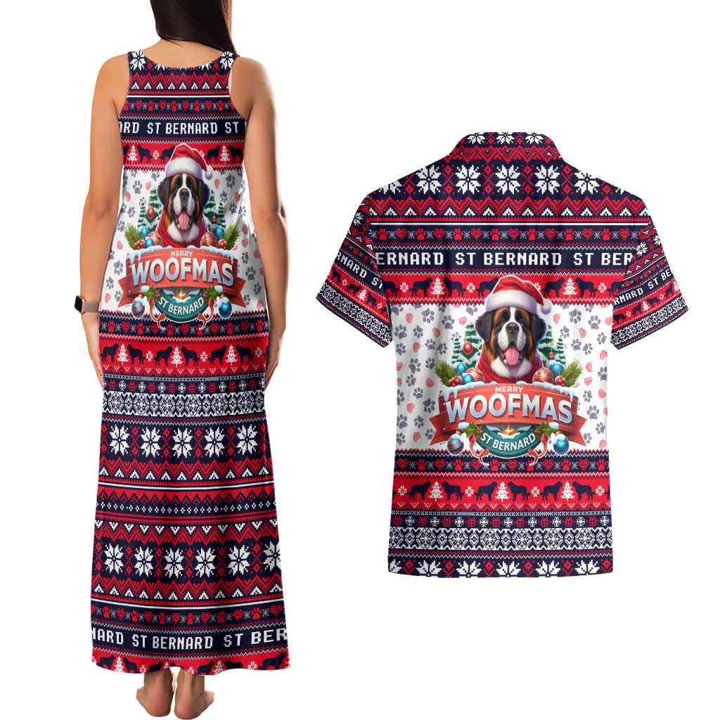 Saint Bernard Merry Woofmas Couples Matching Tank Maxi Dress and Hawaiian Shirt Christmas Dog Art Style - Wonder Print Shop