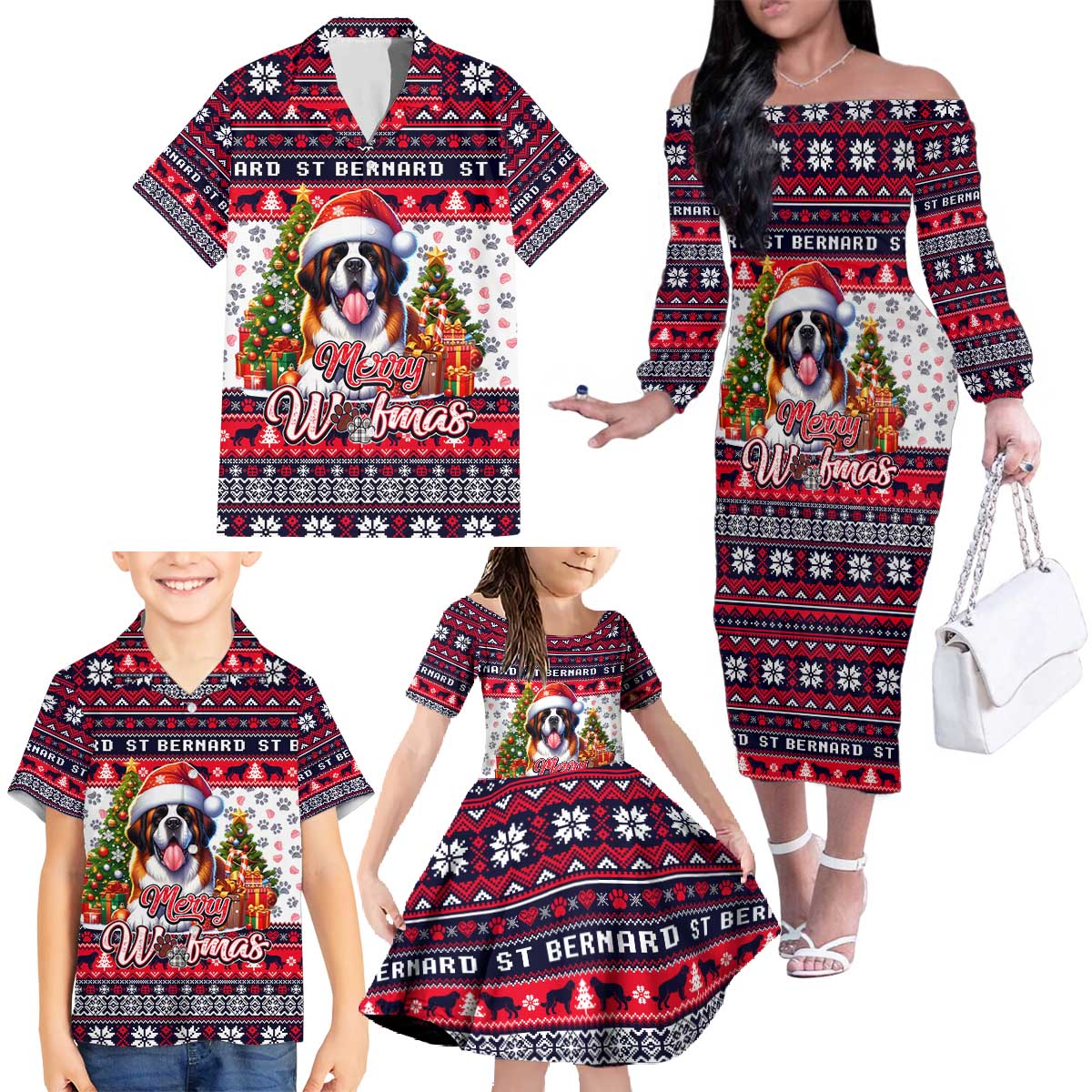 Saint Bernard Merry Woofmas Family Matching Off The Shoulder Long Sleeve Dress and Hawaiian Shirt Christmas Dog Art Style - Wonder Print Shop