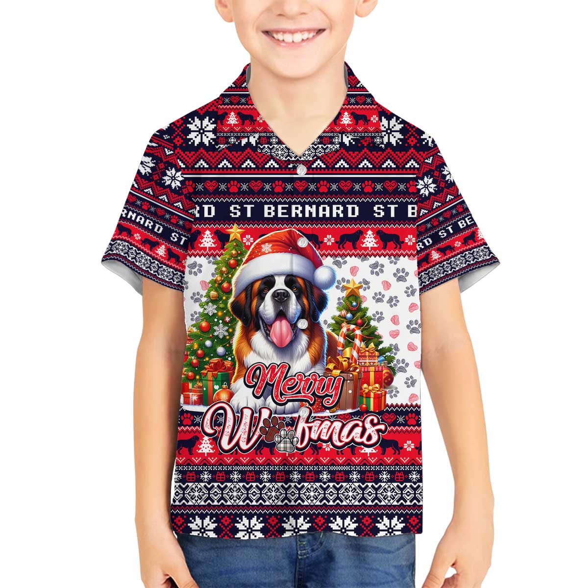 Saint Bernard Merry Woofmas Family Matching Off The Shoulder Long Sleeve Dress and Hawaiian Shirt Christmas Dog Art Style - Wonder Print Shop