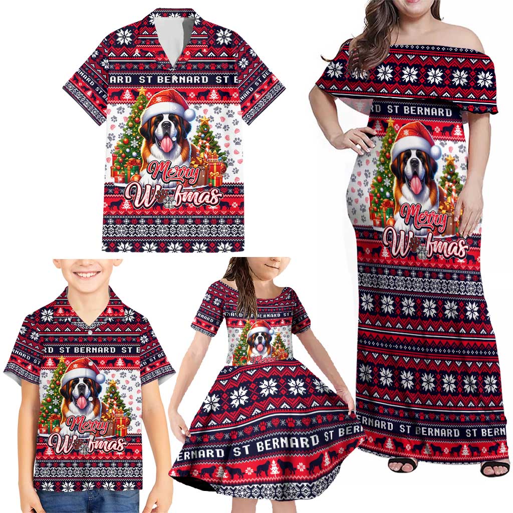 Saint Bernard Merry Woofmas Family Matching Off Shoulder Maxi Dress and Hawaiian Shirt Christmas Dog Art Style - Wonder Print Shop