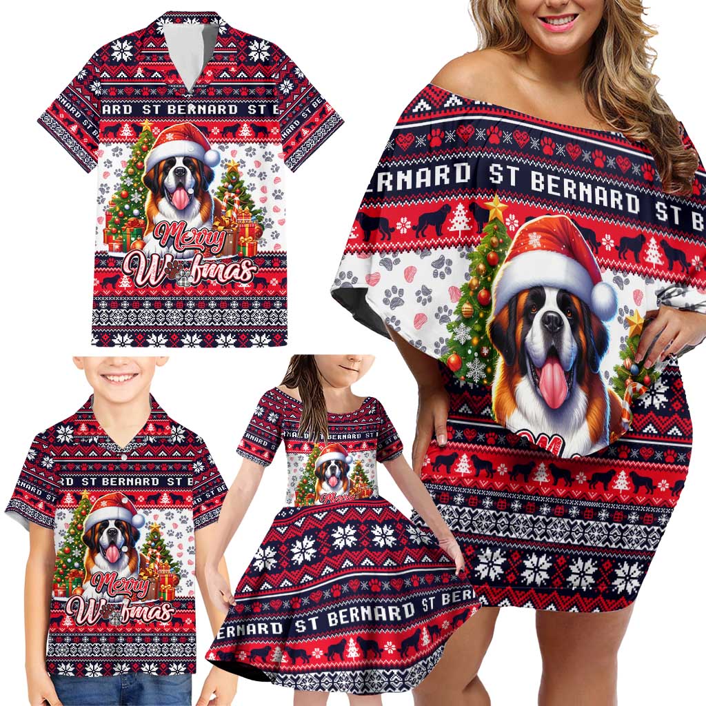 Saint Bernard Merry Woofmas Family Matching Off Shoulder Short Dress and Hawaiian Shirt Christmas Dog Art Style - Wonder Print Shop