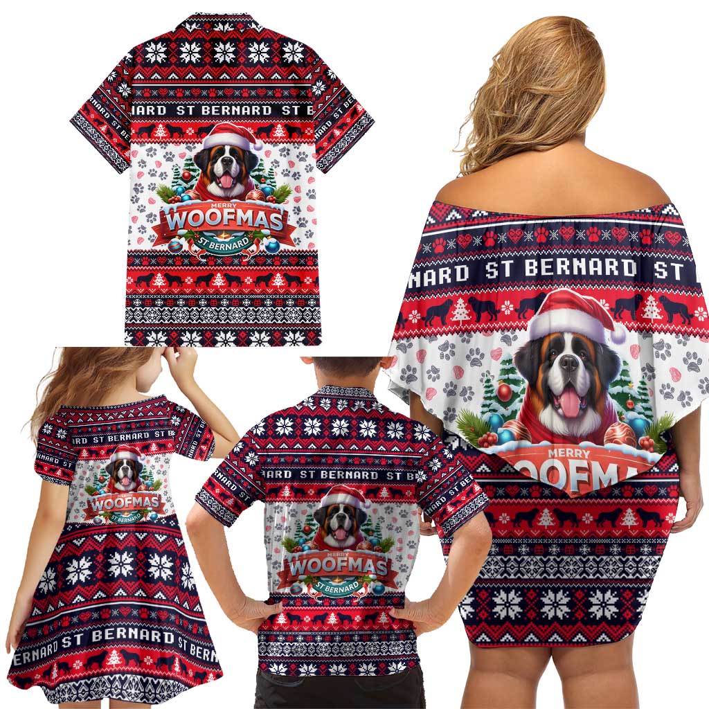 Saint Bernard Merry Woofmas Family Matching Off Shoulder Short Dress and Hawaiian Shirt Christmas Dog Art Style - Wonder Print Shop