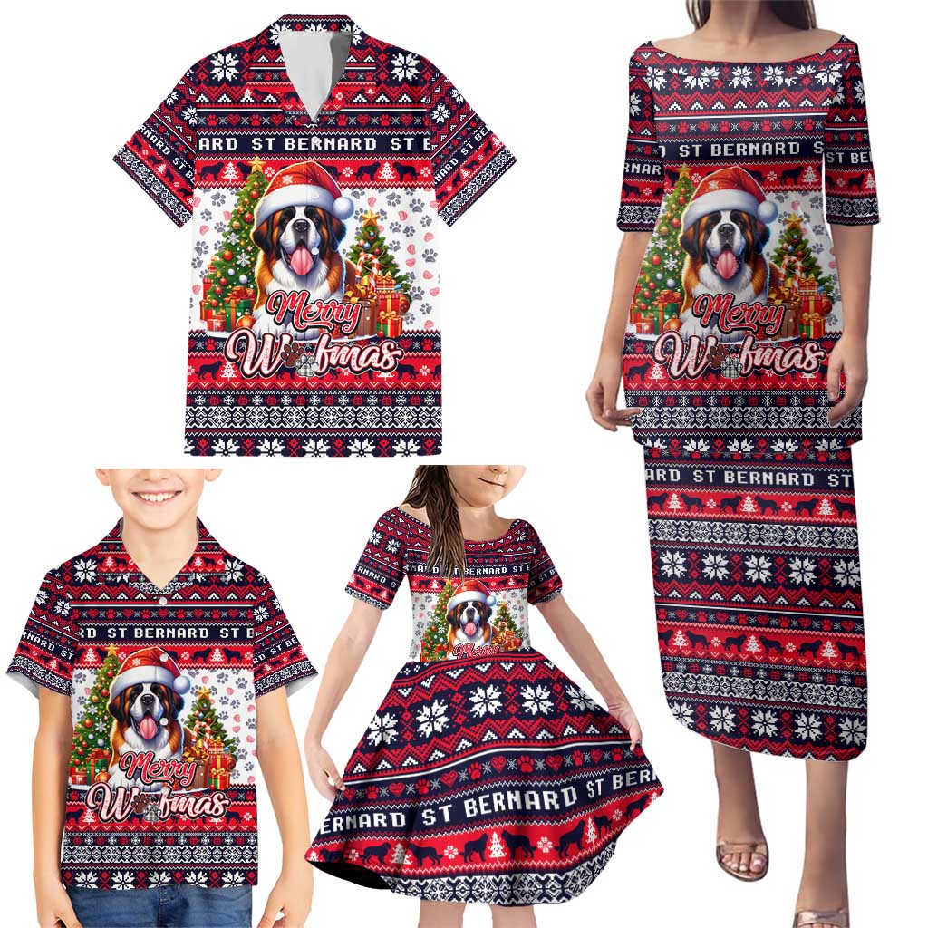 Saint Bernard Merry Woofmas Family Matching Puletasi and Hawaiian Shirt Christmas Dog Art Style - Wonder Print Shop