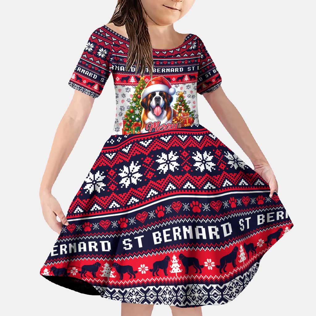 Saint Bernard Merry Woofmas Family Matching Short Sleeve Bodycon Dress and Hawaiian Shirt Christmas Dog Art Style - Wonder Print Shop