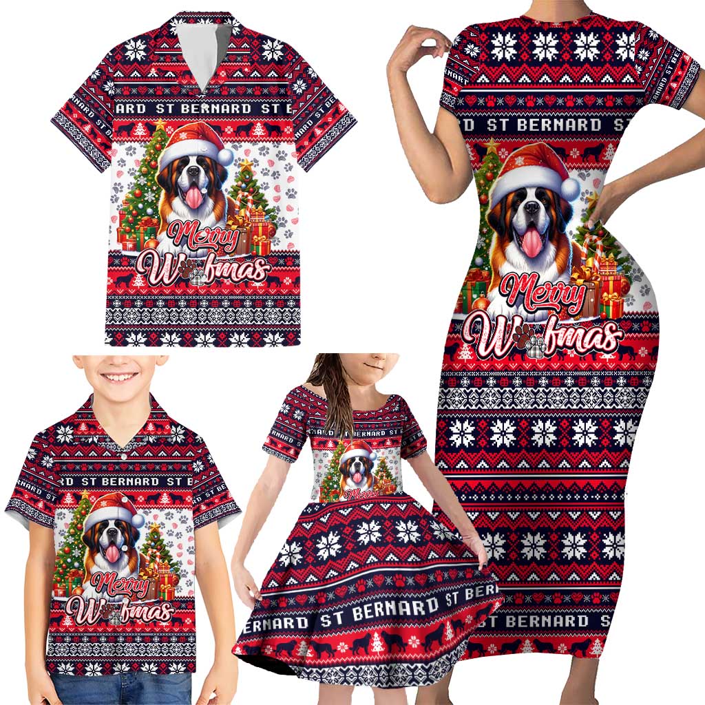 Saint Bernard Merry Woofmas Family Matching Short Sleeve Bodycon Dress and Hawaiian Shirt Christmas Dog Art Style - Wonder Print Shop