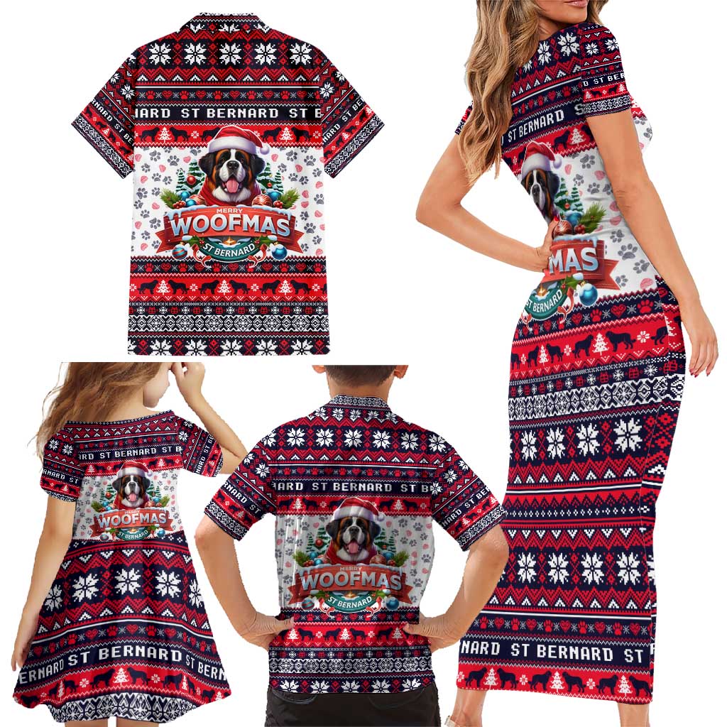 Saint Bernard Merry Woofmas Family Matching Short Sleeve Bodycon Dress and Hawaiian Shirt Christmas Dog Art Style - Wonder Print Shop
