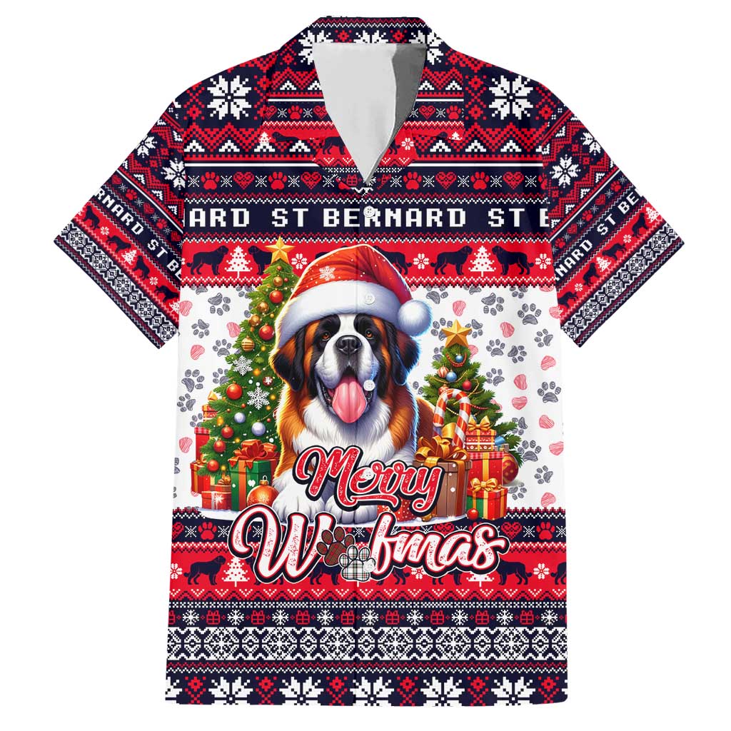 Saint Bernard Merry Woofmas Family Matching Short Sleeve Bodycon Dress and Hawaiian Shirt Christmas Dog Art Style - Wonder Print Shop