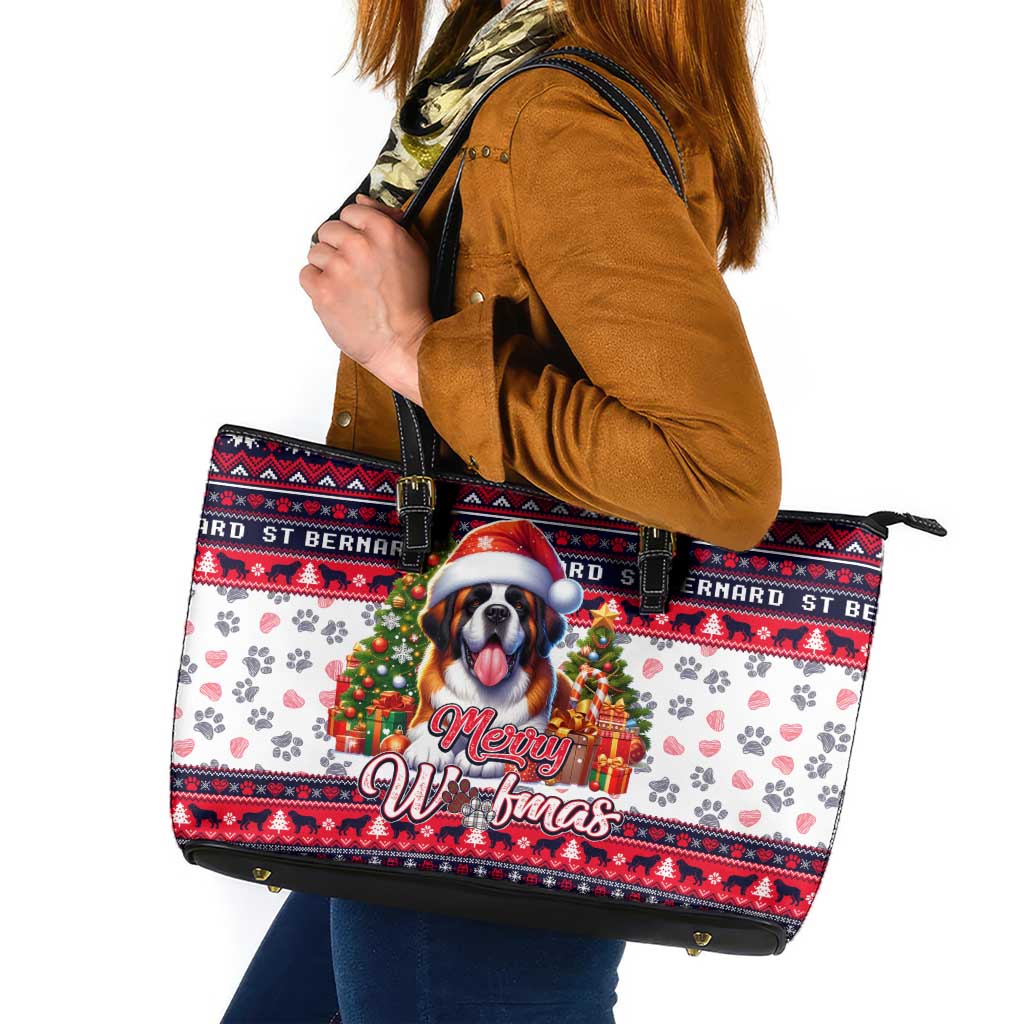 Saint Bernard Merry Woofmas Leather Tote Bag Christmas Dog Art Style - Wonder Print Shop