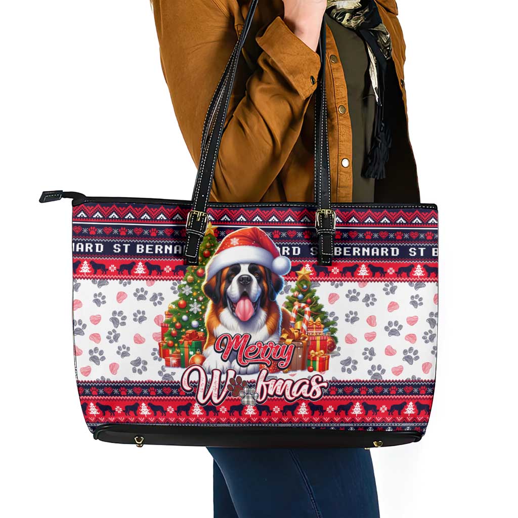 Saint Bernard Merry Woofmas Leather Tote Bag Christmas Dog Art Style - Wonder Print Shop