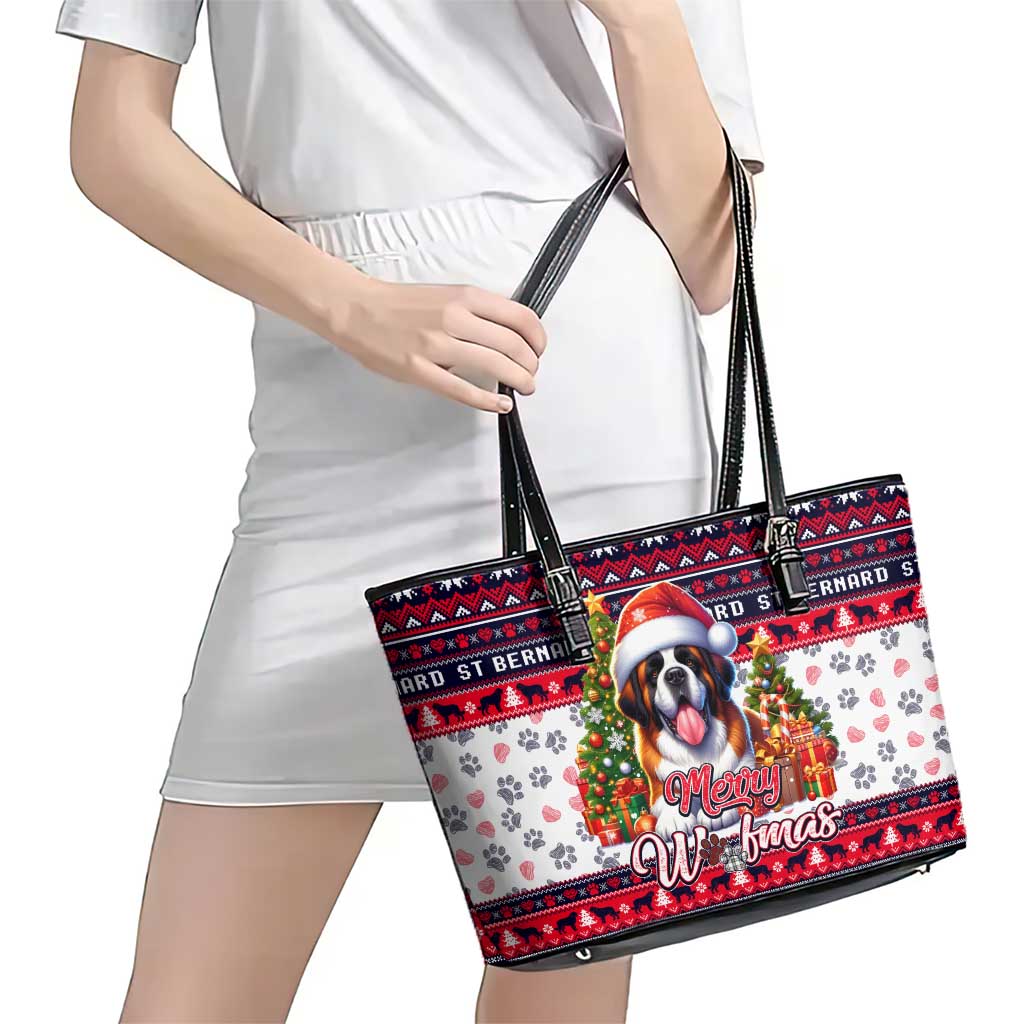 Saint Bernard Merry Woofmas Leather Tote Bag Christmas Dog Art Style - Wonder Print Shop