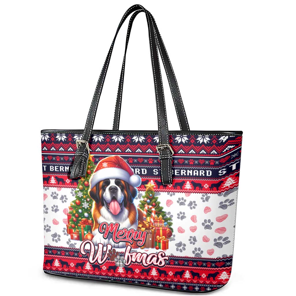 Saint Bernard Merry Woofmas Leather Tote Bag Christmas Dog Art Style - Wonder Print Shop