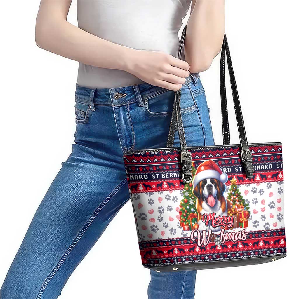 Saint Bernard Merry Woofmas Leather Tote Bag Christmas Dog Art Style - Wonder Print Shop