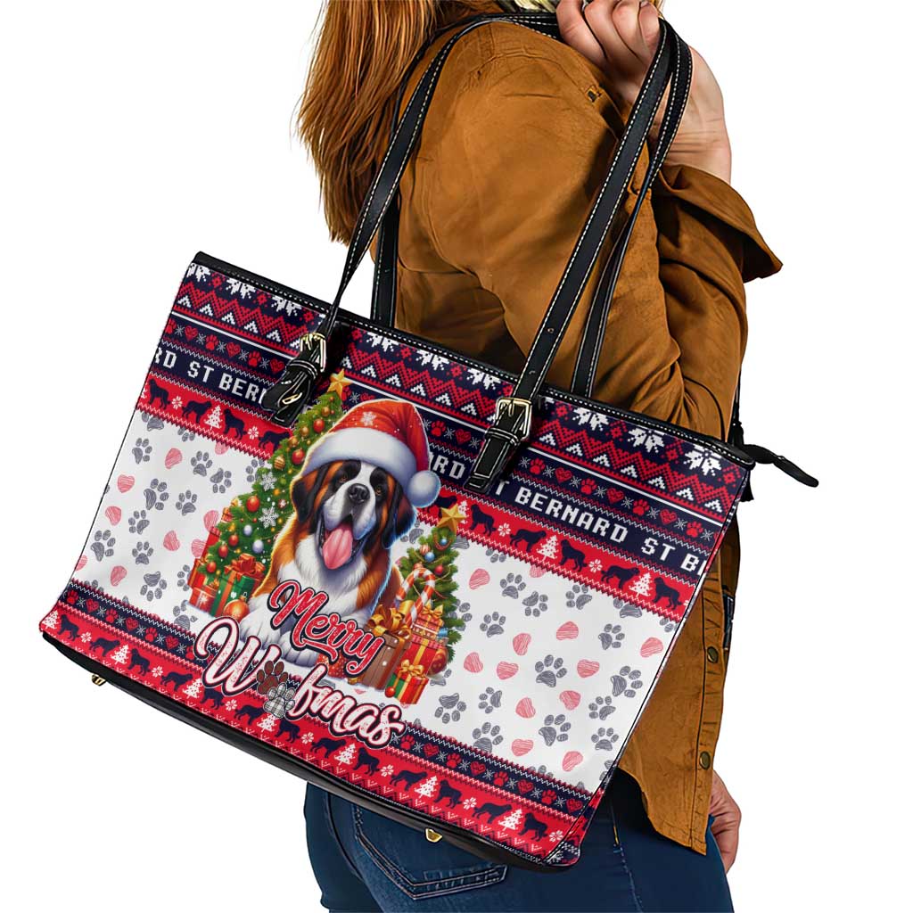 Saint Bernard Merry Woofmas Leather Tote Bag Christmas Dog Art Style - Wonder Print Shop