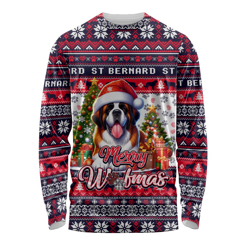 Saint Bernard Merry Woofmas Long Sleeve Shirt Christmas Dog Art Style - Wonder Print Shop