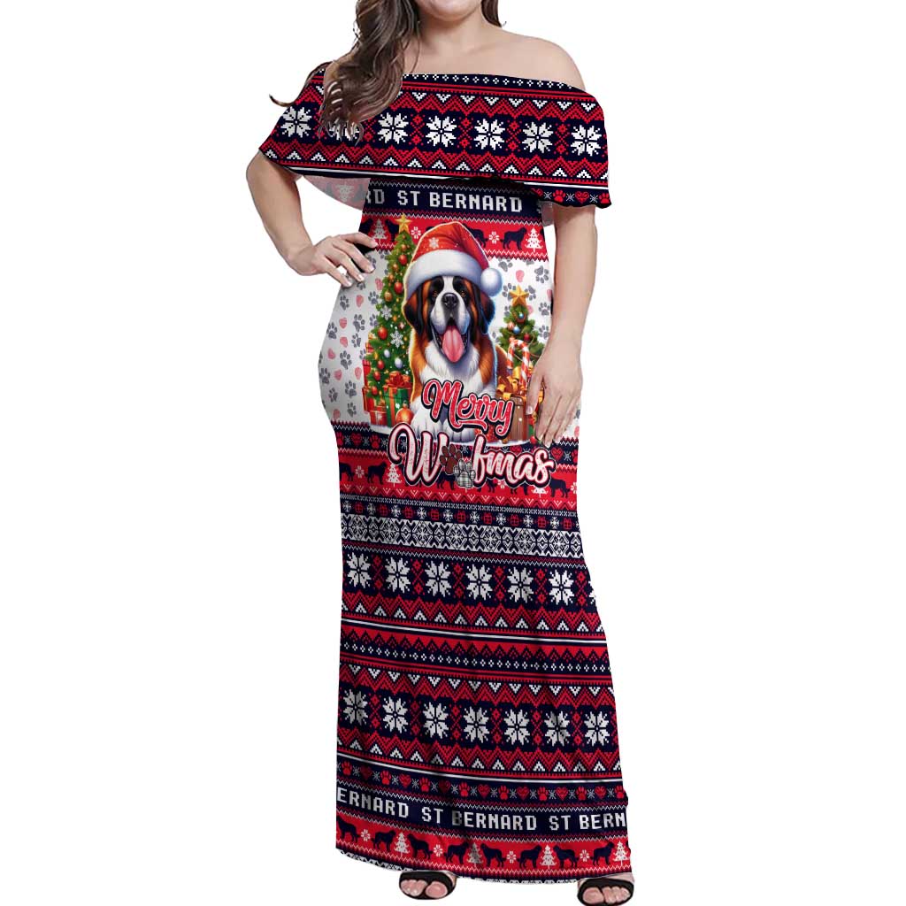 Saint Bernard Merry Woofmas Off Shoulder Maxi Dress Christmas Dog Art Style - Wonder Print Shop