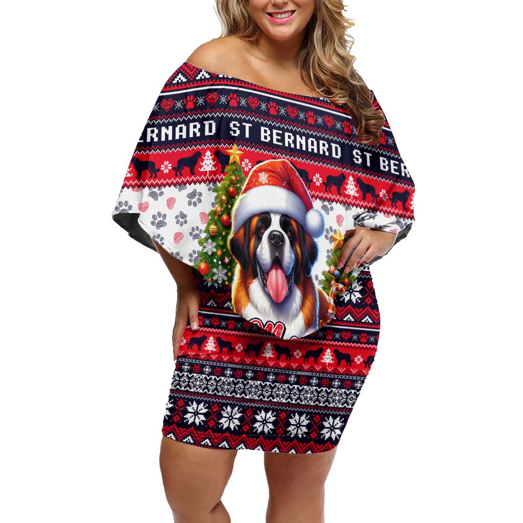 Saint Bernard Merry Woofmas Off Shoulder Short Dress Christmas Dog Art Style - Wonder Print Shop