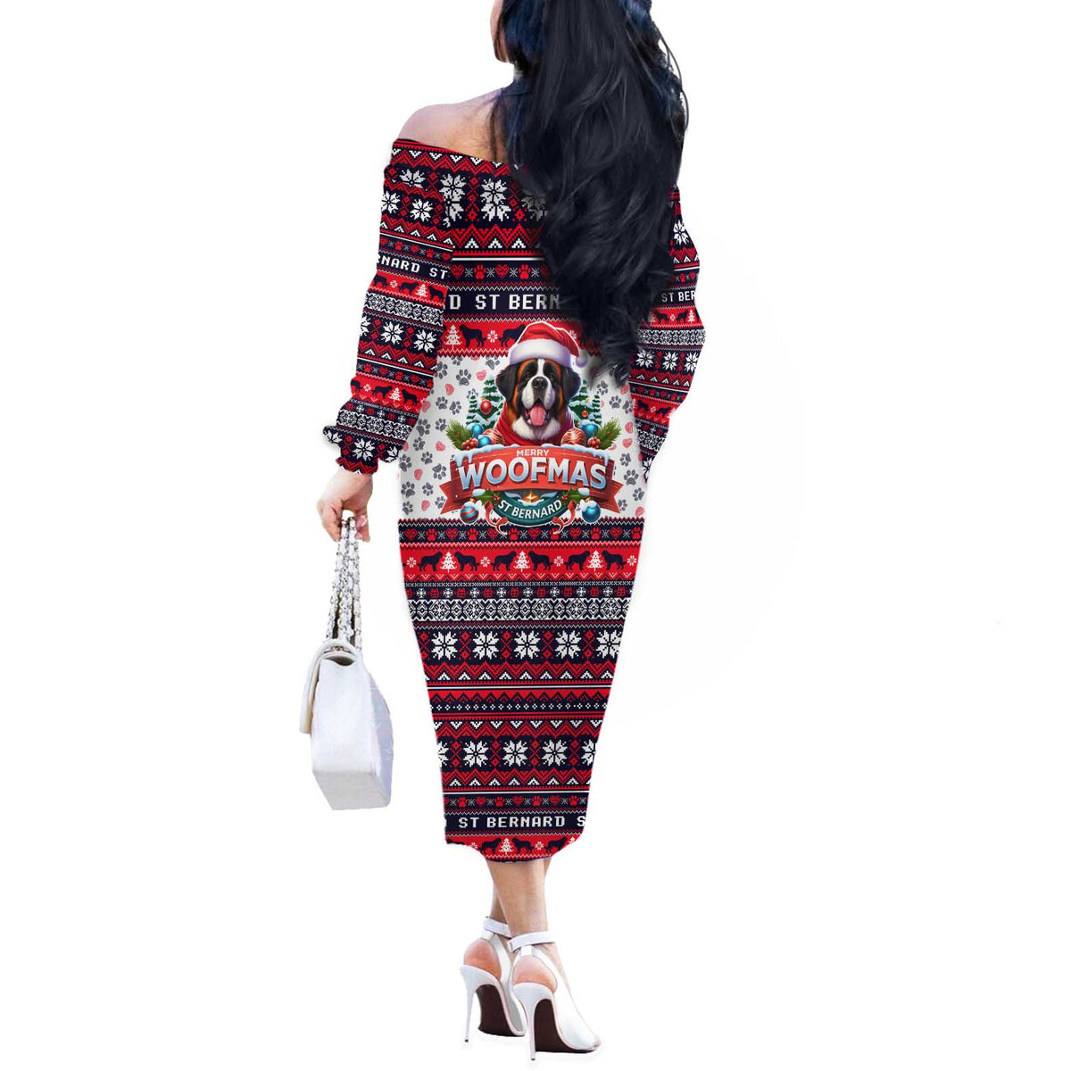 Saint Bernard Merry Woofmas Off The Shoulder Long Sleeve Dress Christmas Dog Art Style - Wonder Print Shop