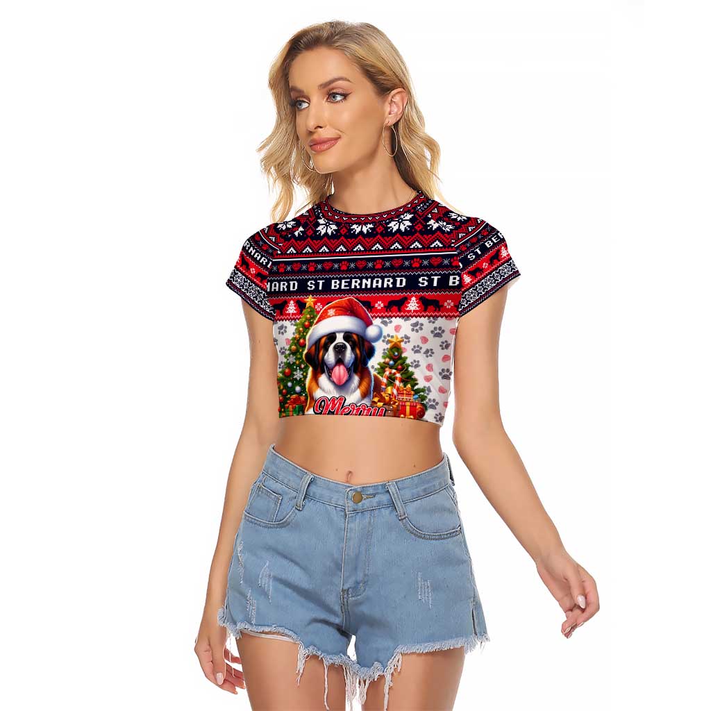 Saint Bernard Merry Woofmas Raglan Cropped T Shirt Christmas Dog Art Style - Wonder Print Shop