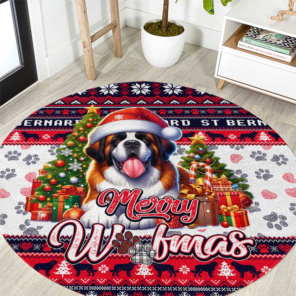 Saint Bernard Merry Woofmas Round Carpet Christmas Dog Art Style