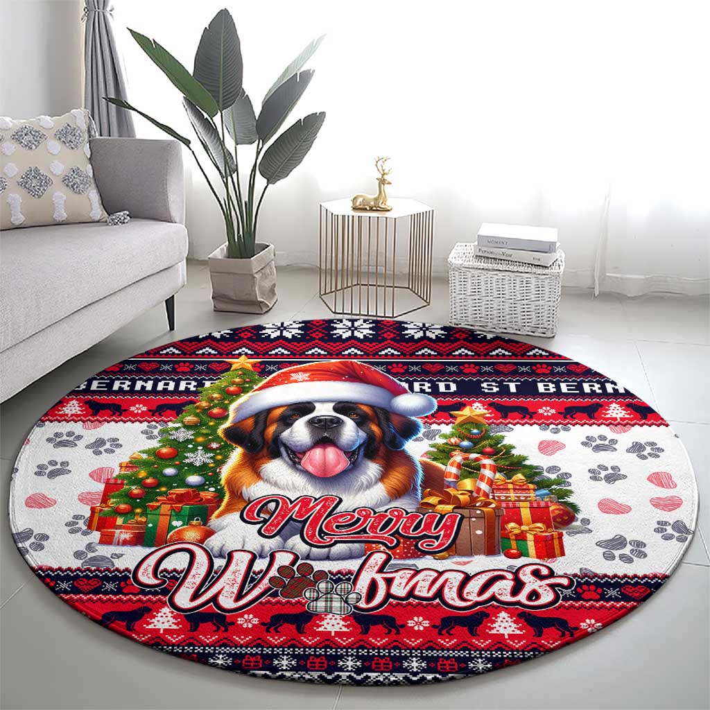 Saint Bernard Merry Woofmas Round Carpet Christmas Dog Art Style